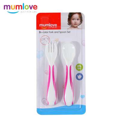 Mini Bi-Color Plastic Baby Feeding Fork And Spoon Set